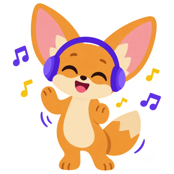 Fen the fox, Hearmony's mascot, listening with headphones