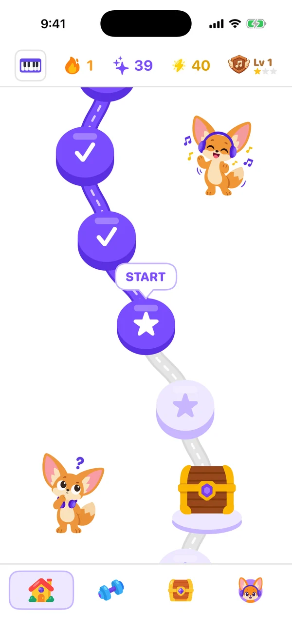 Hearmony lesson path with streak, XP and energy