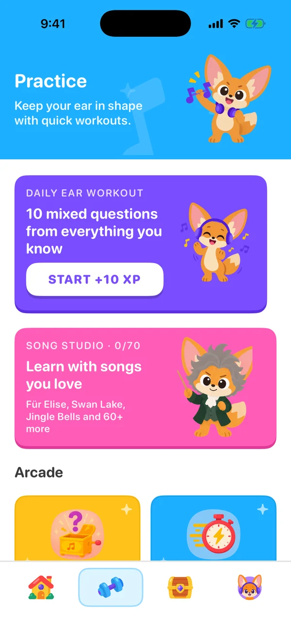 Hearmony Practice tab with the daily ear workout and Song Studio